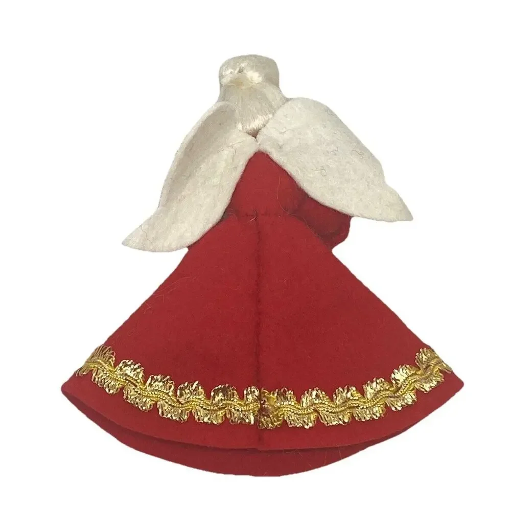 Vintage Christmas Angel 4 7/8” Figure Felt Red White Gold Wings Drum Decor